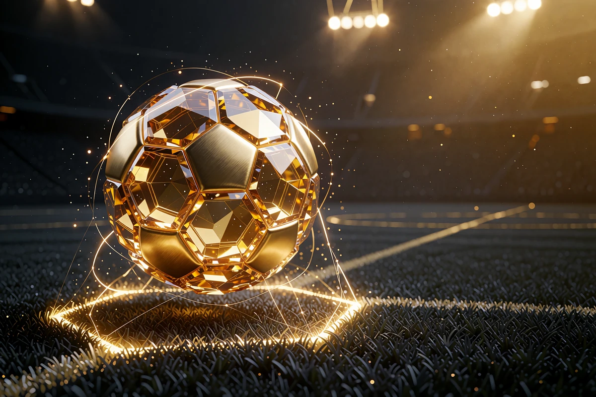 Fodbold af gylden krystal sv&aelig;ver over en m&oslash;rk bane, illustration til sportsbetting med crypto hos JB Casino