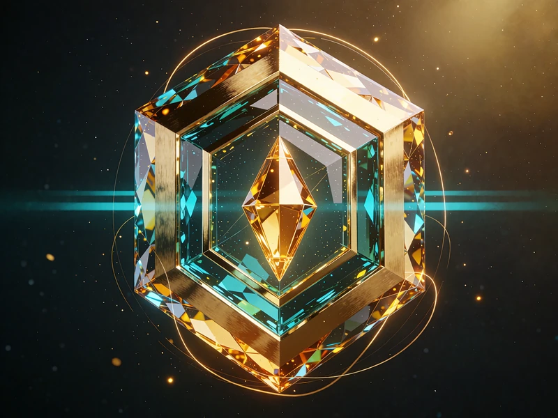 Lagdelt hexagonskjold i guld og turkis glas med en opretst&aring;ende guldsten, illustration til live-spillet Crazy Time