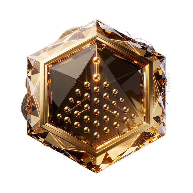 Gyldent hexagon-emblem med en pyramide af pinde og faldende kugler, ikon for Plinko hos JB Casino