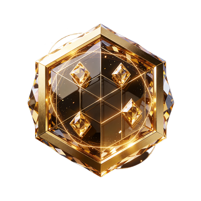 Gyldent hexagon-emblem med et kvadratisk gitter og tre diamanter, ikon for Mines i JB Originals