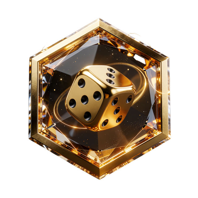 Gyldent hexagon-emblem med en blank guldterning set skr&aring;t forfra, ikon for JB Originals Dice