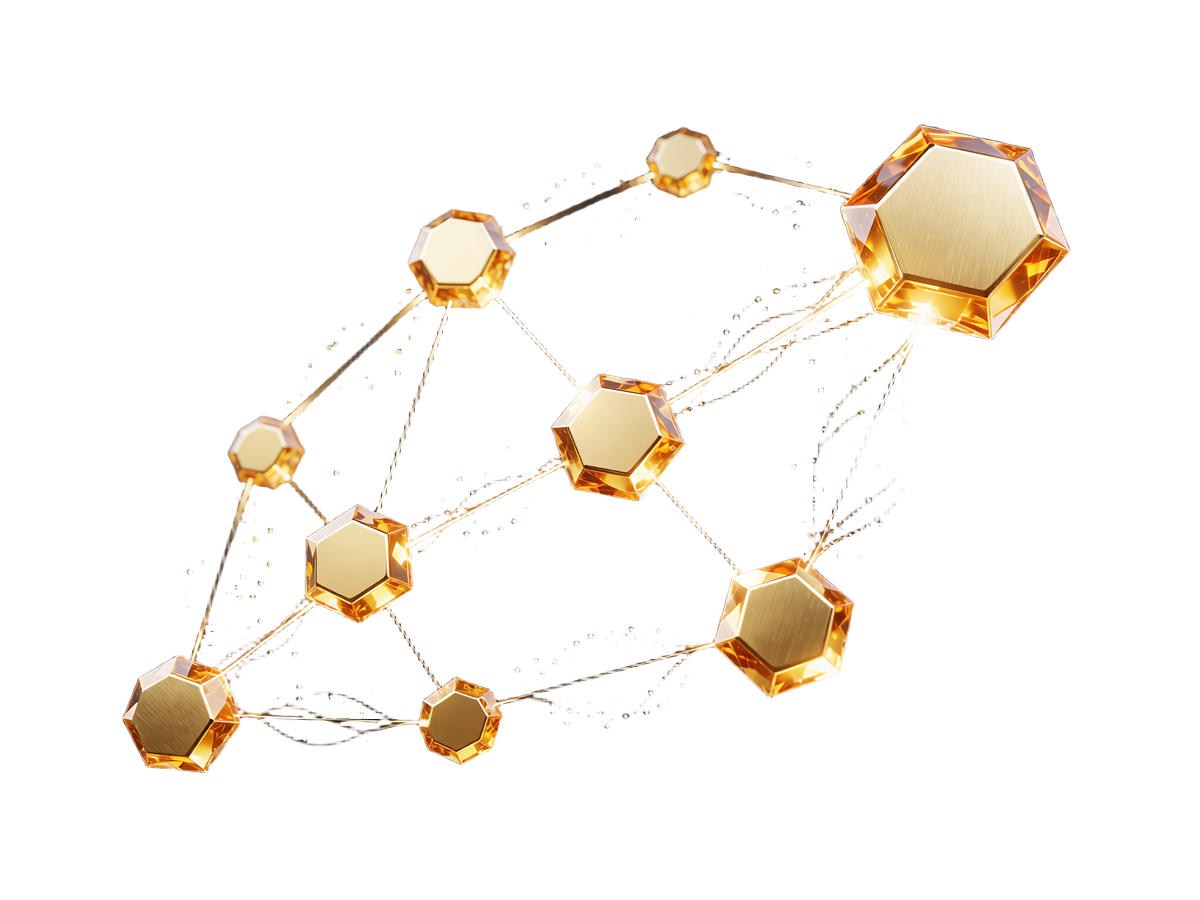 Konstellation af syv gyldne hexagon-noder forbundet af lysende stier, symbol p&aring; Quest Hub-fremgang hos JB Casino