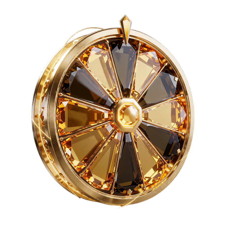 Upright lykkehjul med tyk guldkant og segmenter af rav og m&oslash;rkt glas, symbol p&aring; Lucky Spins hos JB Casino