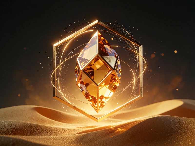 Aflang guldkrystal sv&aelig;ver i en lysende hexagonring over gyldne klitter, illustration til slotten Fortune Dragon
