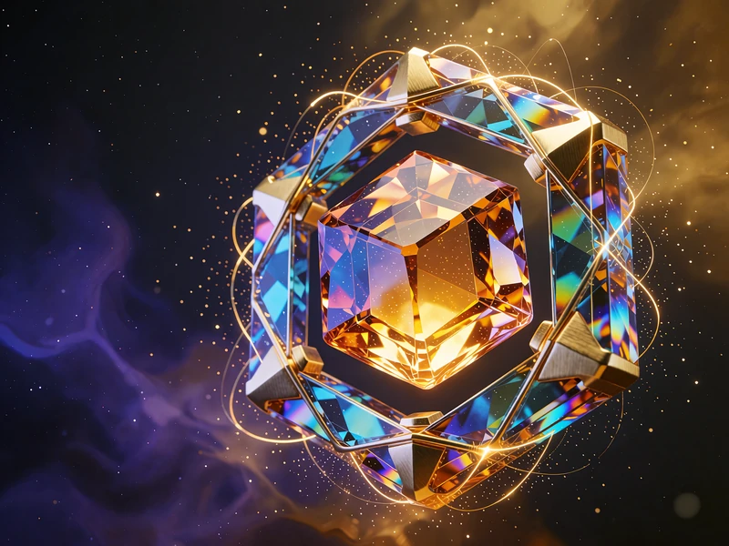 Ravfarvet terningformet &aelig;delsten i en iriserende hexagonramme mod indigo baggrund, illustration til Mega Roulette